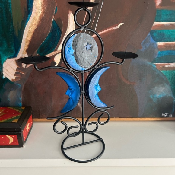 Celestial Vintage 90s Sun Moon Blue 3 Candle Holder - Picture 4 of 12